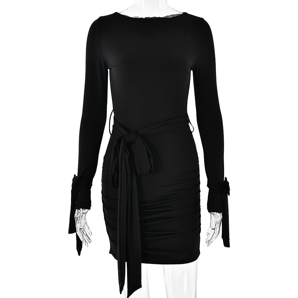 Long Sleeve Pleated Slim Fit Dress