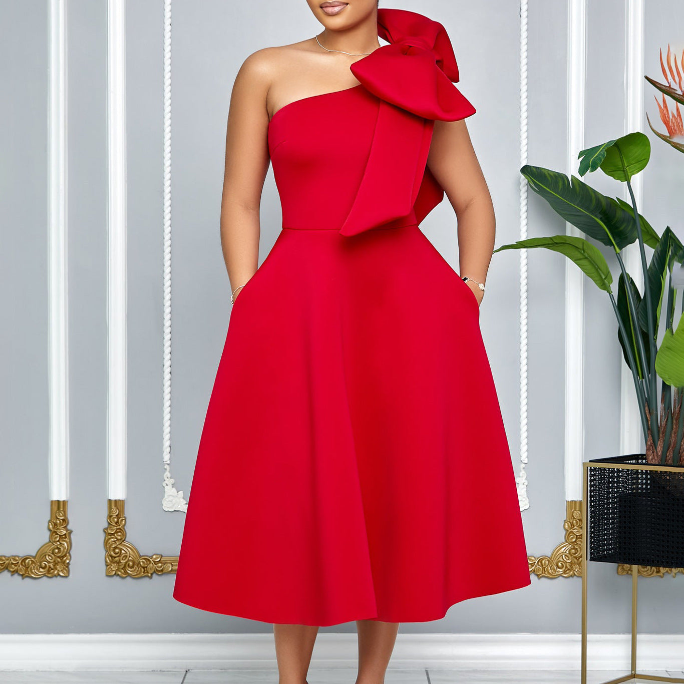 Oblique Shoulder Bow Party Dress